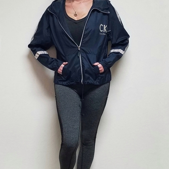 RARE Vintage 90s Calvin Klein Jeans Logo Front Full-zip Hooded Windbreaker Med - Picture 2 of 14